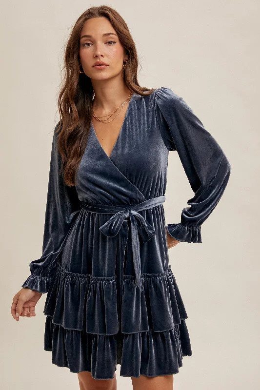 Slate Velvet Surplice Holiday Tiered Ruffled Long Sleeve Mini Cocktail Dress