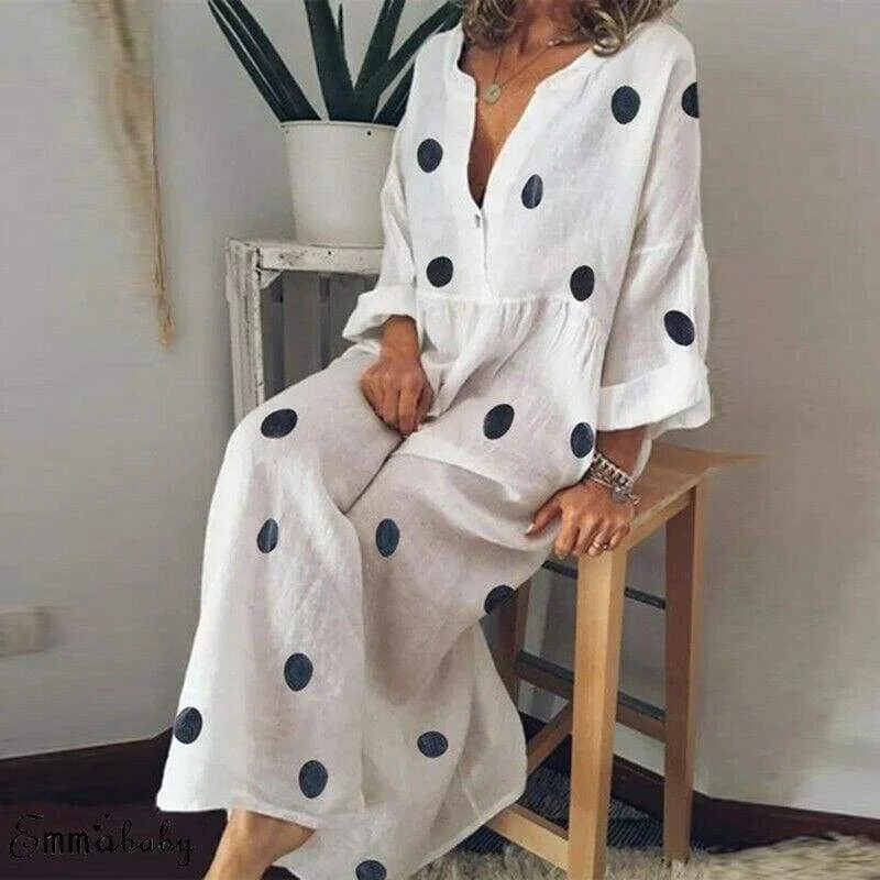 FashionSierra - Plus Size Women Boho V-neck Long Shirt Dress Ladies Long Sleeve Casual Summer Holiday Polka Dot Loose Maxi Dress