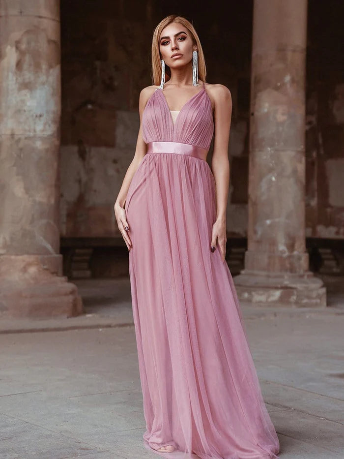 Sexy Deep V-neck Backless Tulle Maxi Evening Dresses