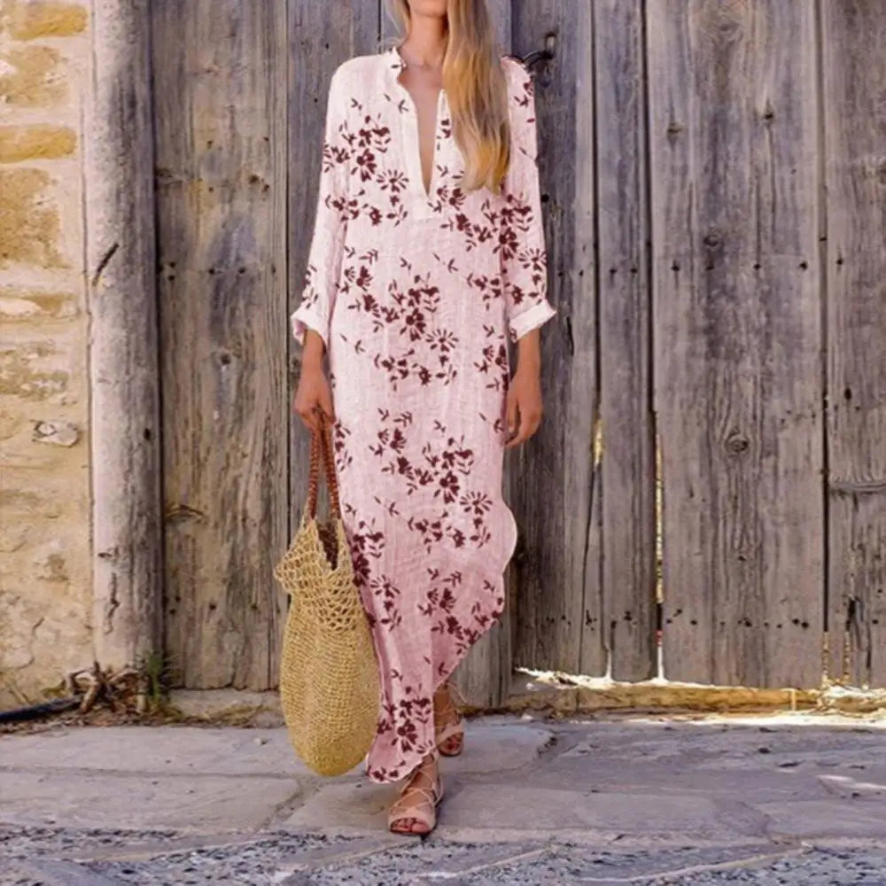 FashionSierra - 2024 Spring Casual V-Neck Slit Maxi Tunic Boho Dress