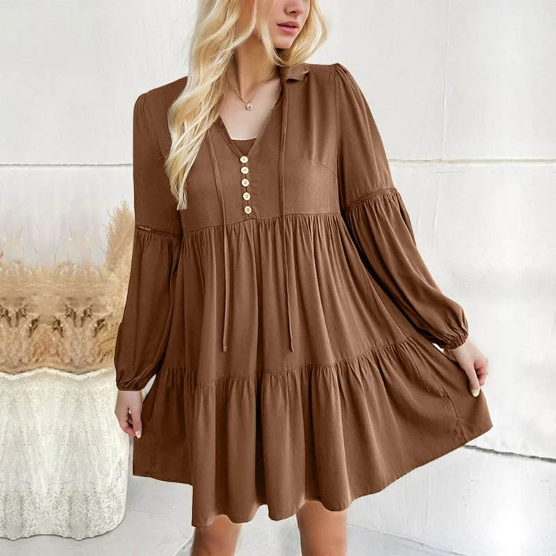 Sweet Long Flare Sleeve V-neck Mini Dress