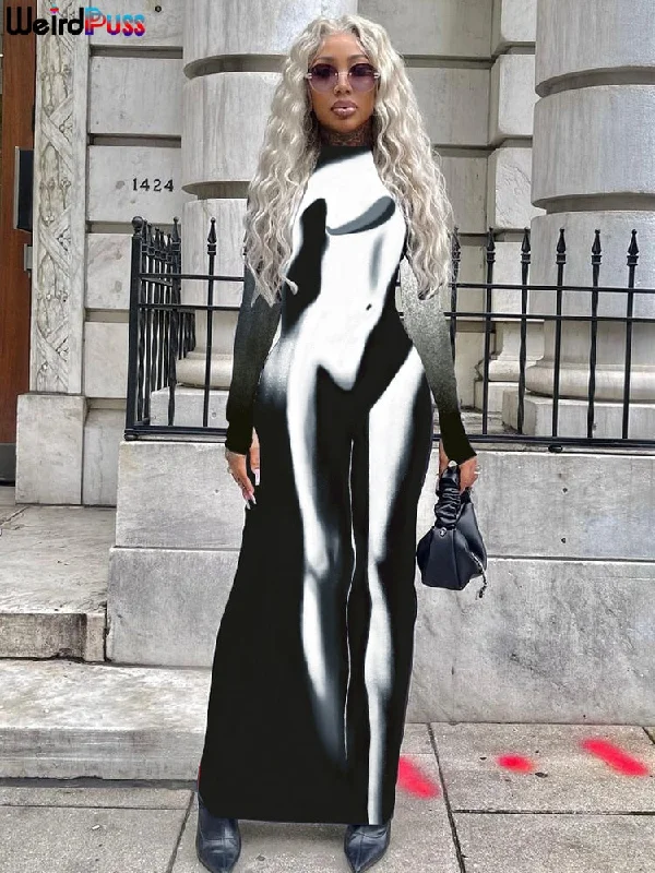 FashionSierra - Weird Puss Gradient Women Maxi Dress Skinny Stretchy Long Sleeve O-Neck Trend Bodycon