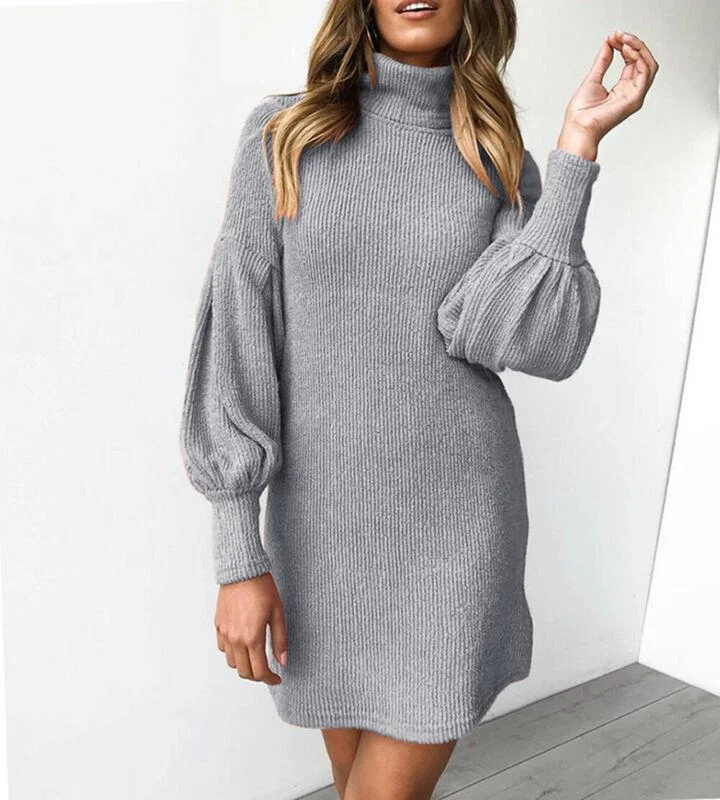 FashionSierra - Women's Loose Oversize Turtleneck Lantern Sleeve Knit Sweater Dress Winter Warm Mini Jumper Pullover Dresses