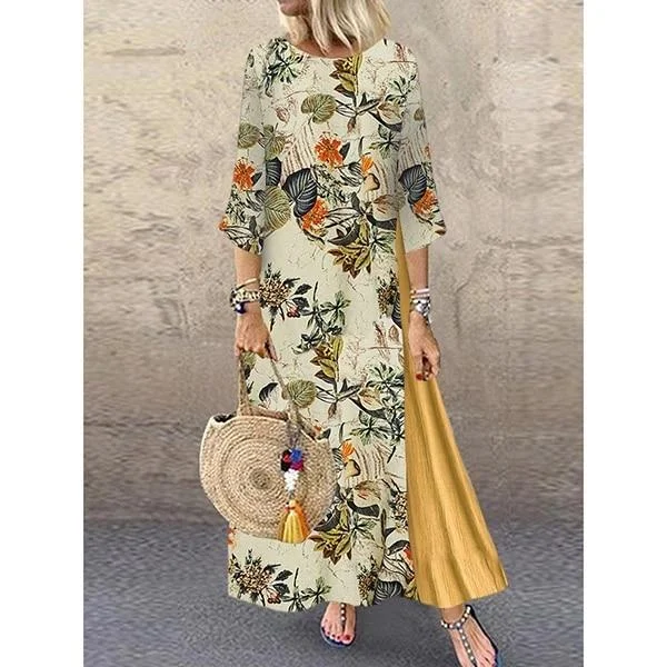 FashionSierra - Women Summer Boho Floral O Neck Long Sleeve Maxi Dress Ladies Casual Loose Dress Oversized Kaftan Beach Sundress