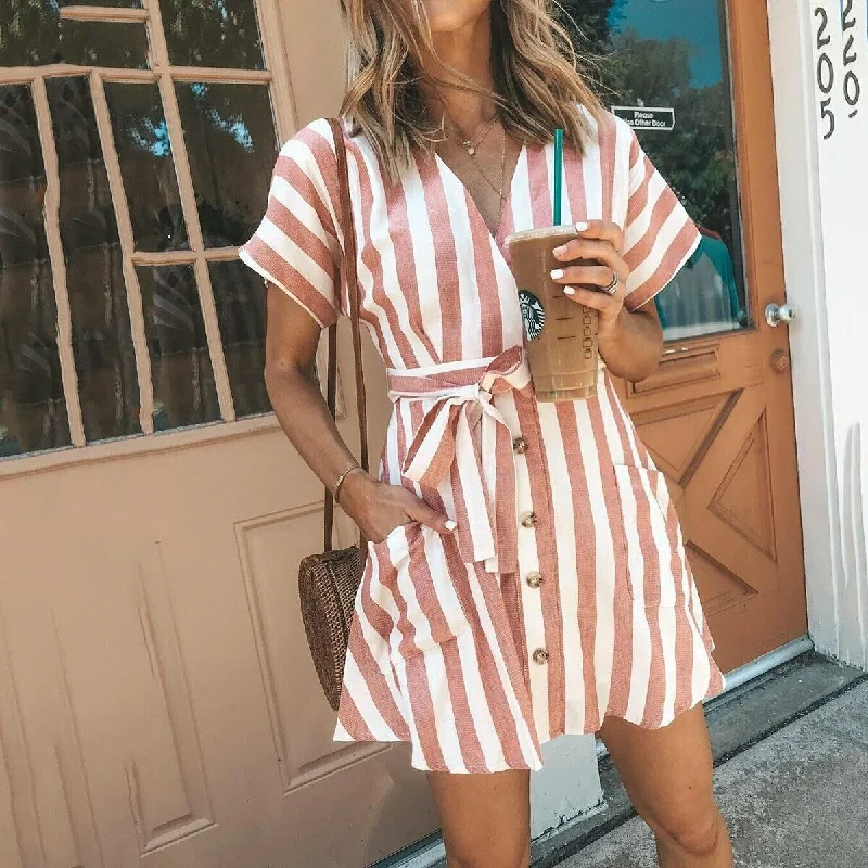 FashionSierra - Women Summer Striped V Neck Dress Casual Button Short Sleeve Loose Dress Fashion Women Clothes Mini Sundress