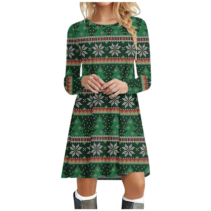 FashionSierra - Women's Dress Casual Long Sleeve O-neck Christmas Print Ladies Loose Sweatshirt Blouse Dress Mini Swing Dress Woman Xmas Dresses