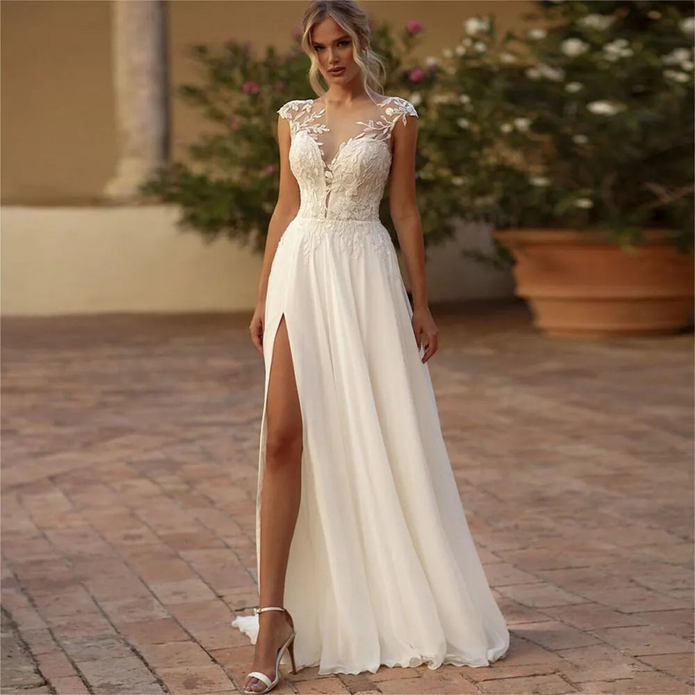 Elegant Boho Lace Wedding Dress 2024 Chiffon O-Neck Illusion Back Beach Side Split Applique Bridal Party Gown Vestidos De Novia