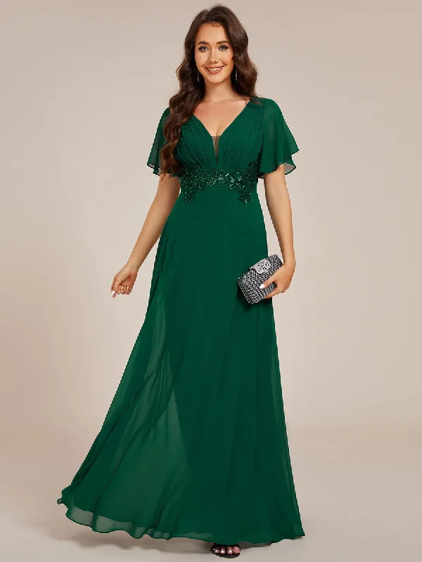 Elegant Ruffles Sleeve Chiffon Evening Dresses with Pleated Applique Decoration