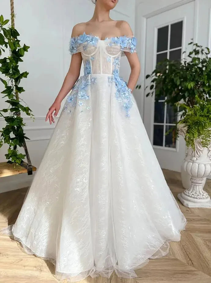 Ivory Prom Dresses with Blue Applique Floral Lace Off Shoulder Long Floor Length A Line Evening Gowns Formal Party Dress