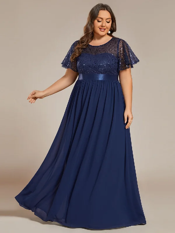 Plus Round-Neck Sequin Chiffon High Waist Formal Evening Dress With Short Sleeves