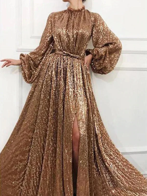 Sequin Sparkly Shinning Long Sleeves A-Line Cheap Modest Fashion Elegant Prom Dresses, Unique Party Dress, PD1178