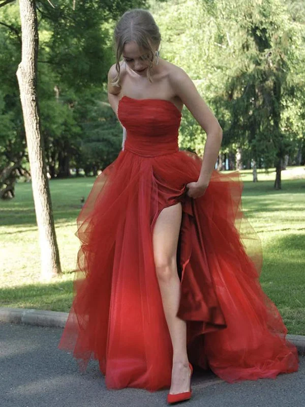 Sexy Red Strapless Straight Sheath Side-slit Tulle Long Prom Party Dress, PD3109