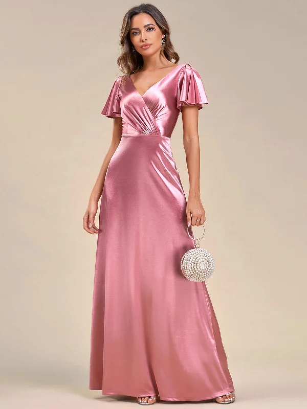 V-Neck Fit A-Line Floor Longth Ruffles Sleeve Satin Evening Dresses