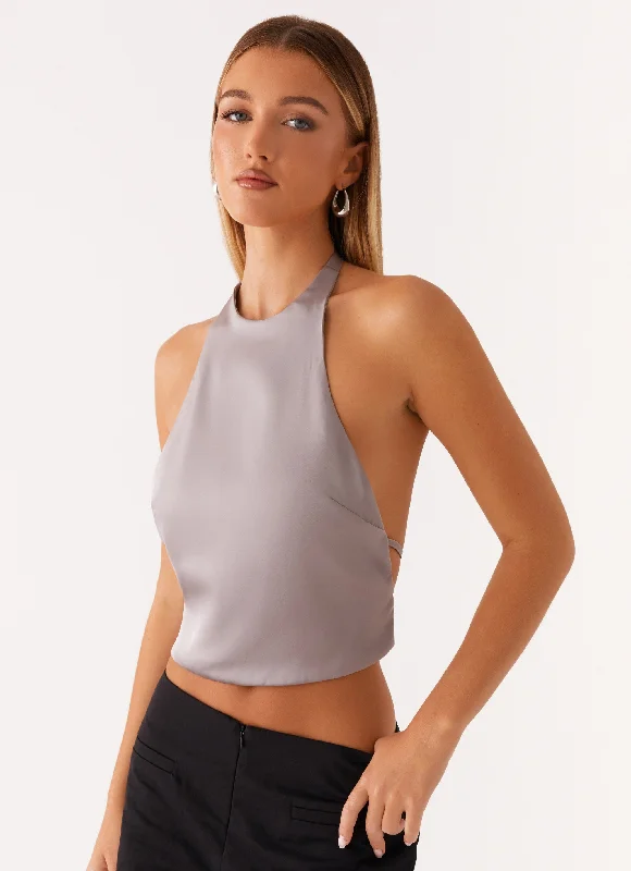 Bree Satin Halterneck Top - Grey