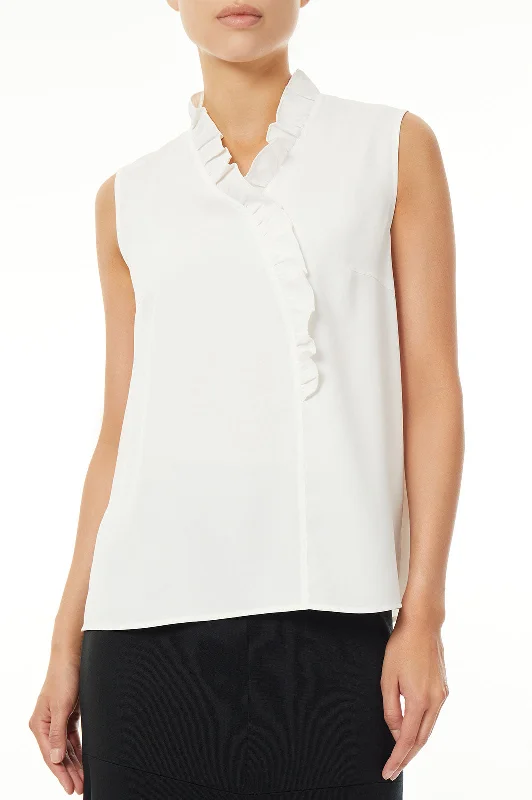 Sleeveless Ruffle Collar Crepe de Chine Blouse